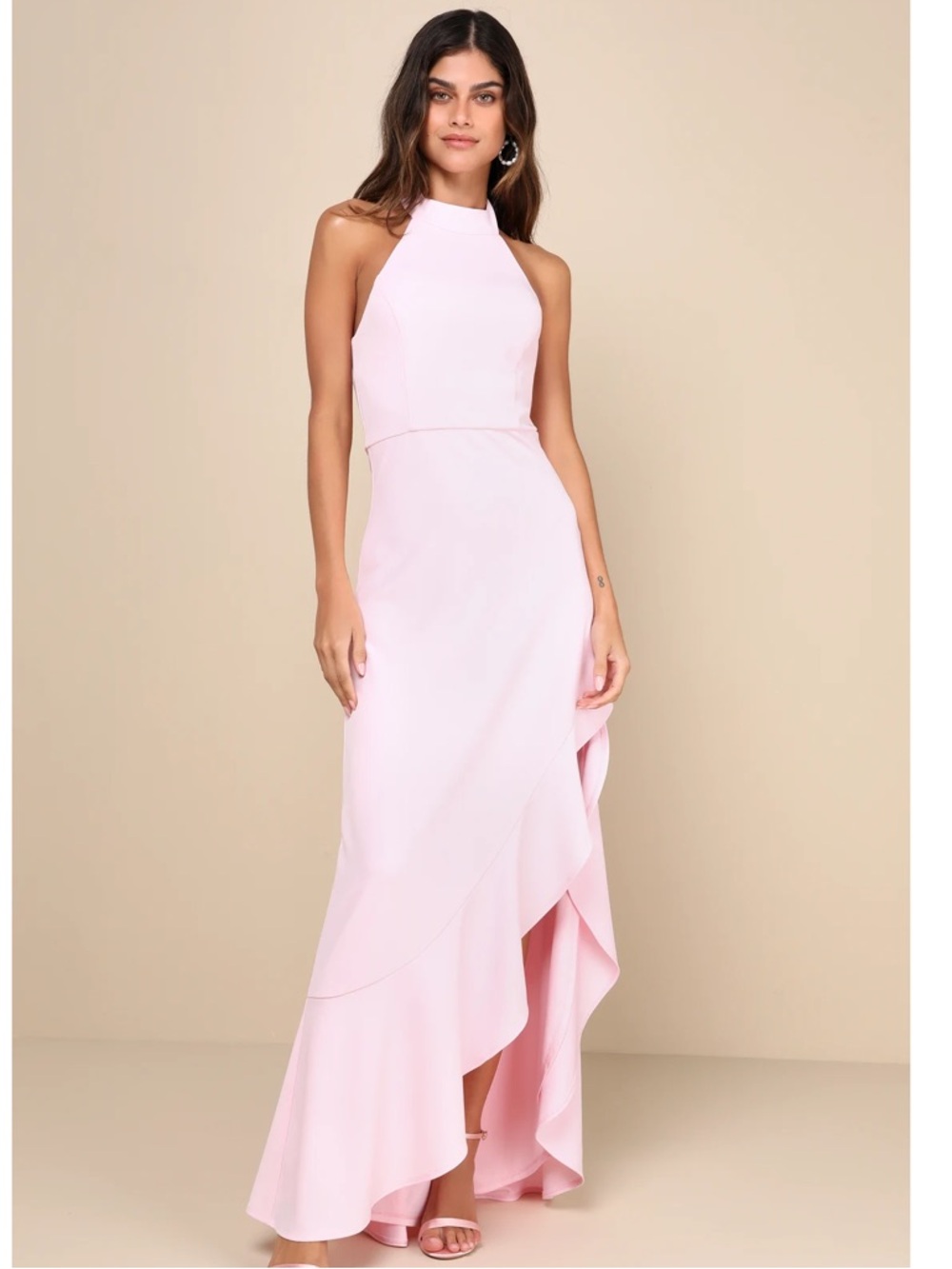 Lulus Majestic Perfection Light Pink Ruffled Halter Crepe Knit Maxi Dress NWT XS